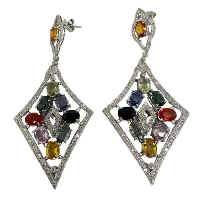 18k diamond and multicolor stone earrings 2 pieces 0017