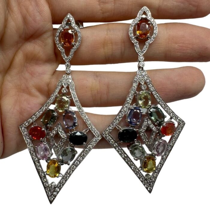 18k diamond and multicolor stone earrings 2 pieces 2892