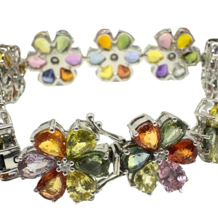 18k modern pear cut multicolor sapphire and diamond flower bracelet 0277