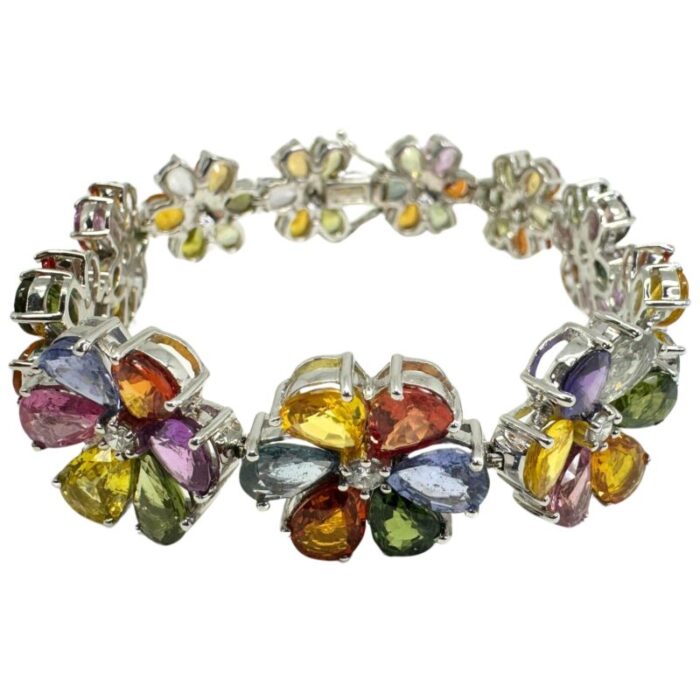 18k modern pear cut multicolor sapphire and diamond flower bracelet 0510