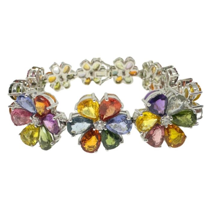 18k modern pear cut multicolor sapphire and diamond flower bracelet 3000