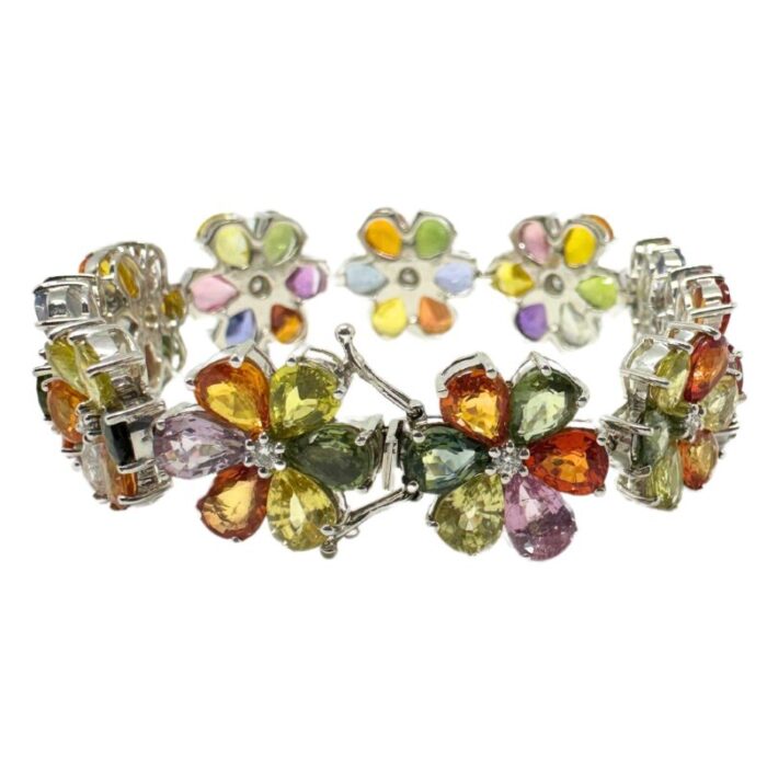 18k modern pear cut multicolor sapphire and diamond flower bracelet 4362