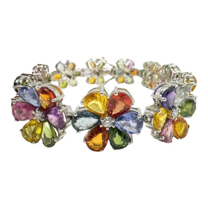 18k modern pear cut multicolor sapphire and diamond flower bracelet 5216