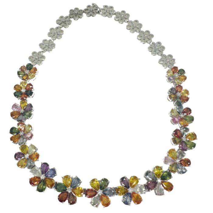 18k modern pear cut multicolor sapphire and diamond necklace 8678