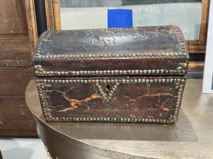 18th century antique leather box with nail heads 2281