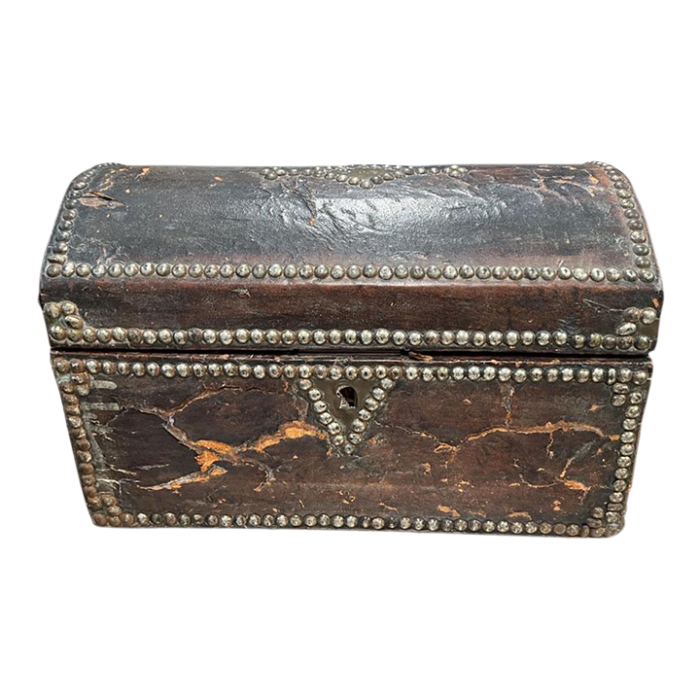 18th century antique leather box with nail heads 4842