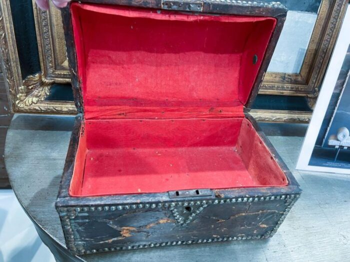 18th century antique leather box with nail heads 8047