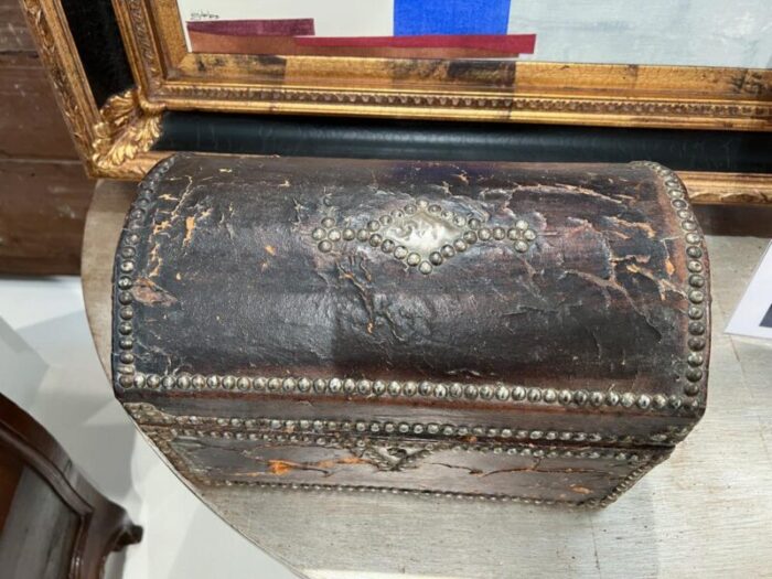 18th century antique leather box with nail heads 9811