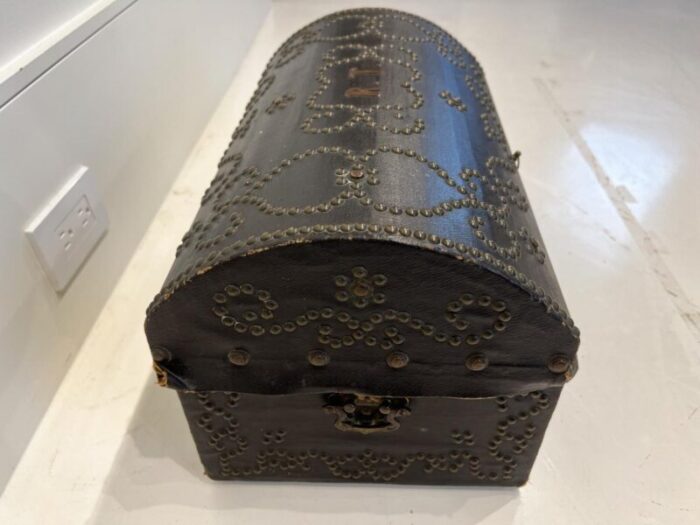 18th century french antique leather box with nailheads and monogram 0840