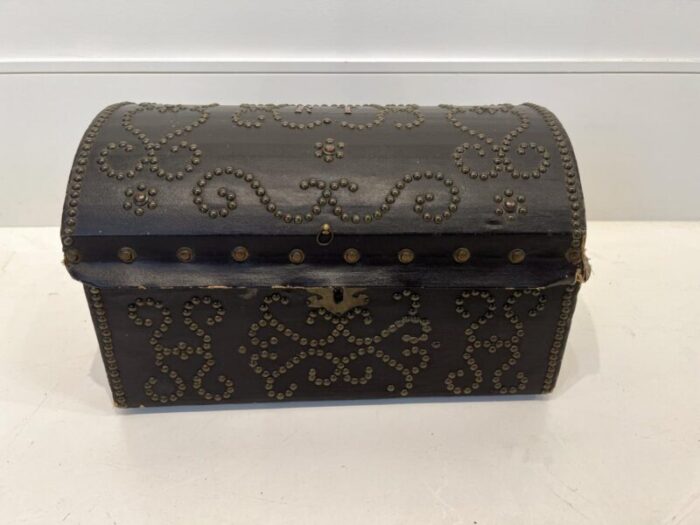 18th century french antique leather box with nailheads and monogram 4116