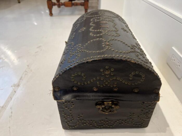 18th century french antique leather box with nailheads and monogram 6981