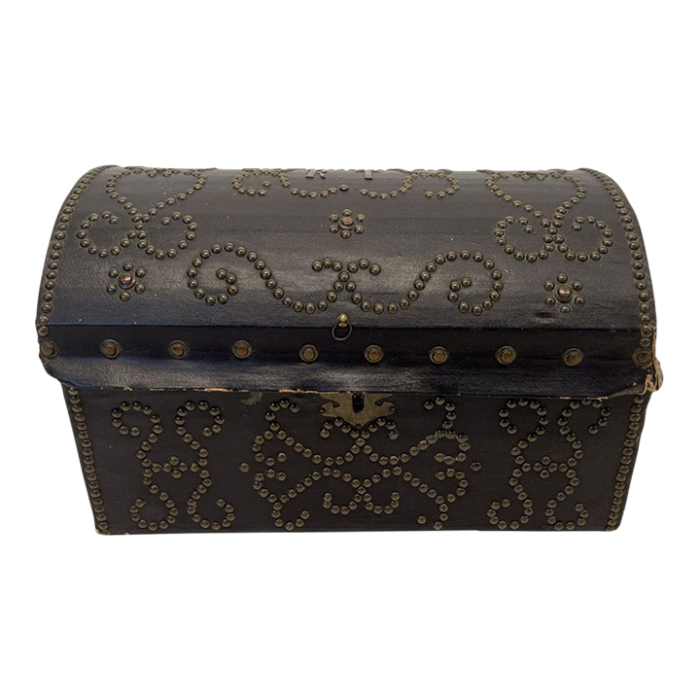 18th century french antique leather box with nailheads and monogram 8853