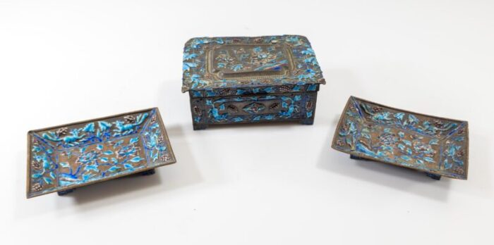 1920s chinese silverplate and enamel box and tray set 7382