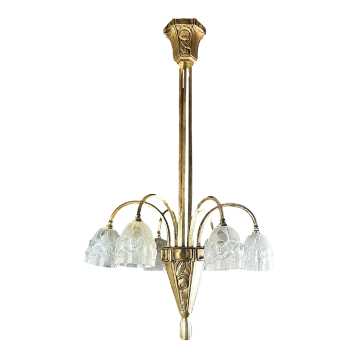 1920s french art deco gilded bronze chandelier with floral motifs pressed glass shades 3691