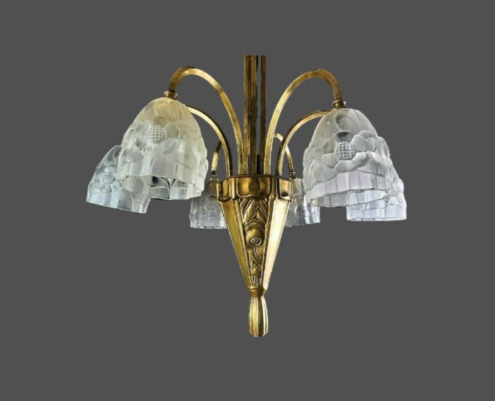 1920s french art deco gilded bronze chandelier with floral motifs pressed glass shades 5664