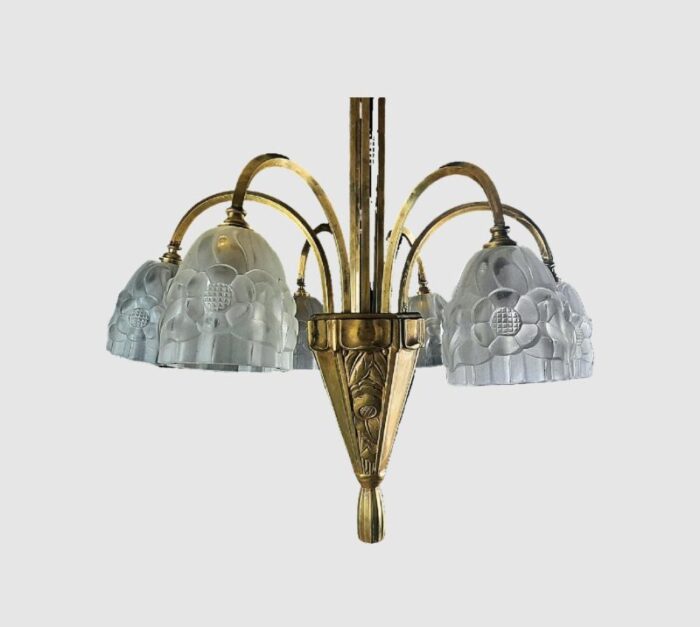 1920s french art deco gilded bronze chandelier with floral motifs pressed glass shades 6132