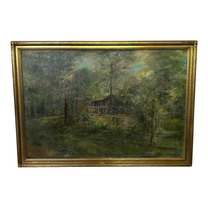 1920s vintage oil painting of an adirondack cabin framed 4323