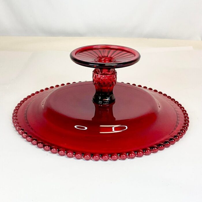 1940s art deco indiana glass co pressed glass cake stand ruby red 0674