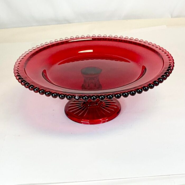 1940s art deco indiana glass co pressed glass cake stand ruby red 1577