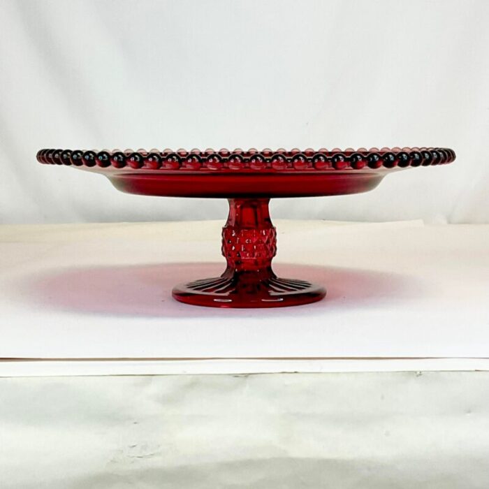 1940s art deco indiana glass co pressed glass cake stand ruby red 9377