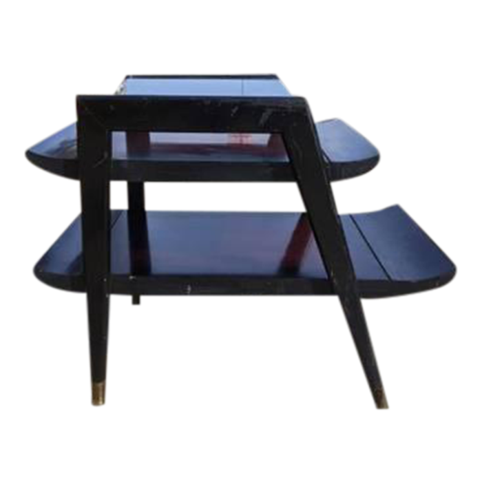 1950s mid century modern 2 tier ebonized walnut sideoccasional table w brass sabots 0968