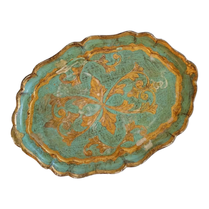 1950s small teal and gilt florentine carved tray 4122