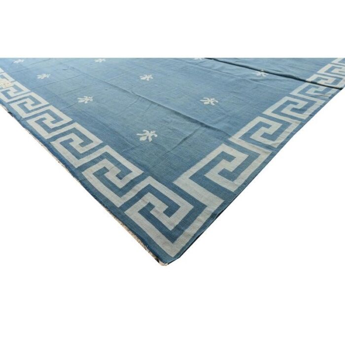 1950s vintage dhurrie flat weave in blue with geometric patterns by rug and kilim 4725