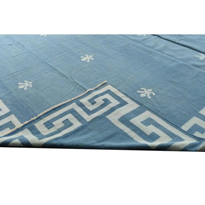 1950s vintage dhurrie flat weave in blue with geometric patterns by rug and kilim 5804