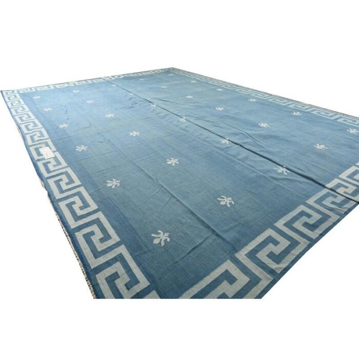 1950s vintage dhurrie flat weave in blue with geometric patterns by rug and kilim 7391