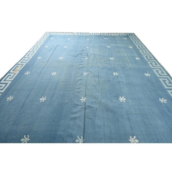 1950s vintage dhurrie flat weave in blue with geometric patterns by rug and kilim 7806