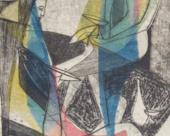 1955 abstract aquatint of two figures signed by rhoda goldfinger 5976