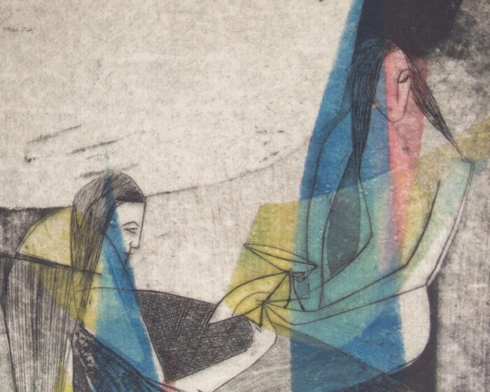 1955 abstract aquatint of two figures signed by rhoda goldfinger 9746