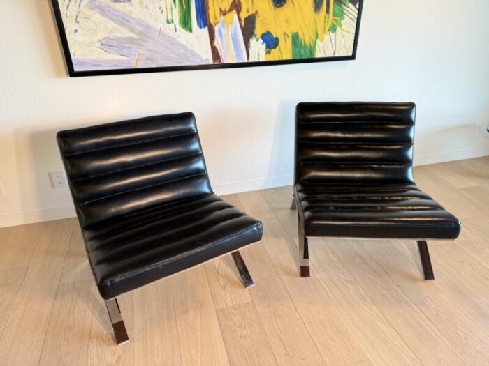 1960s pair of modern vintage leather and chrome lounge chairs 1383