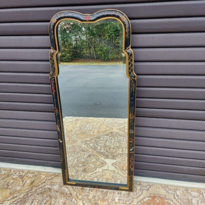 1970s chinoiserie vertical black gold and red mirror 1176