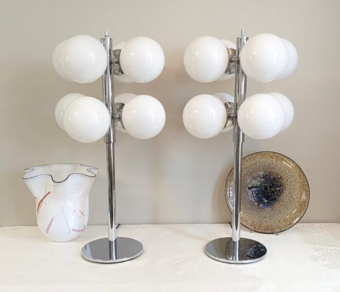 1970s mid century modern lightolier chrome globe table lamps a pair 0001