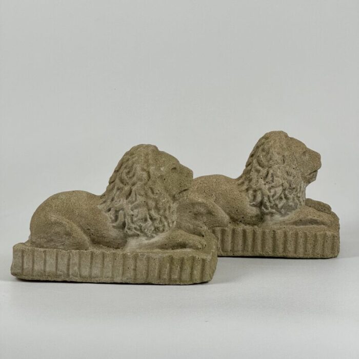 1970s pair of mantel size tabletop concrete lions sculptures 0979