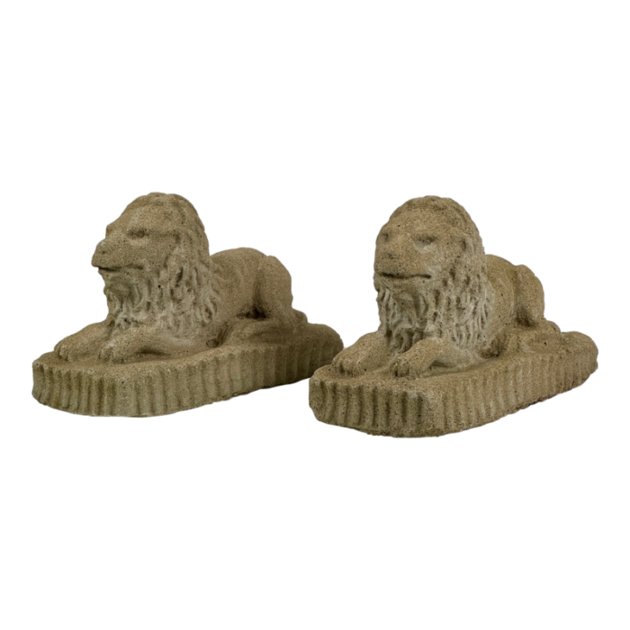 1970s pair of mantel size tabletop concrete lions sculptures 1639