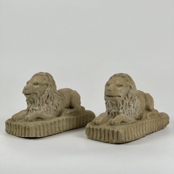 1970s pair of mantel size tabletop concrete lions sculptures 8610