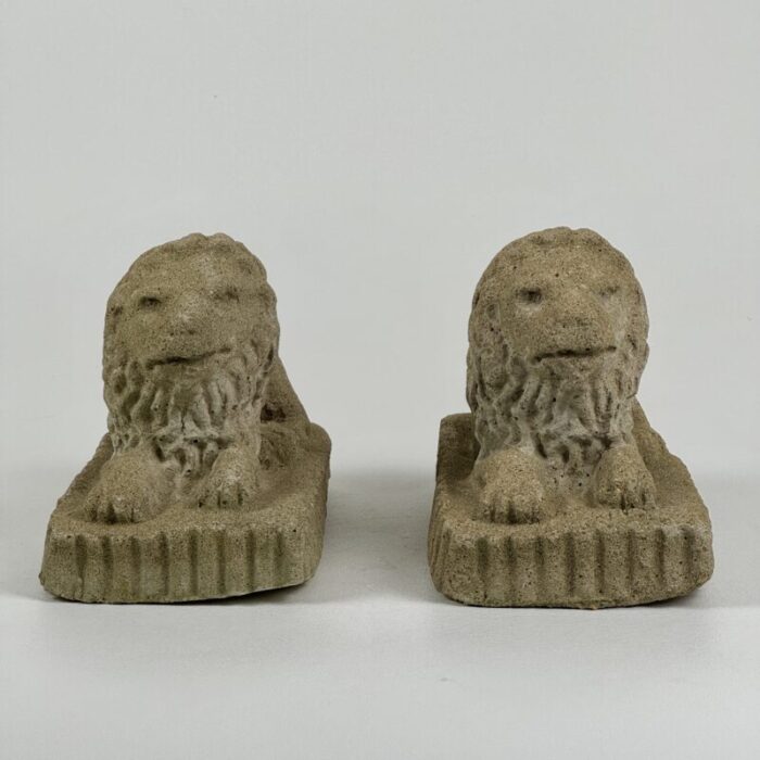 1970s pair of mantel size tabletop concrete lions sculptures 9761