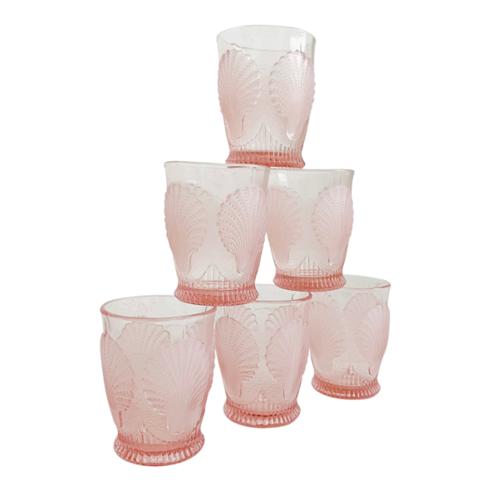 1970s pink glass seashell grotto tumblers set of 6 0742