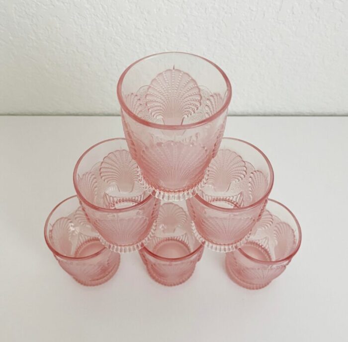 1970s pink glass seashell grotto tumblers set of 6 9770