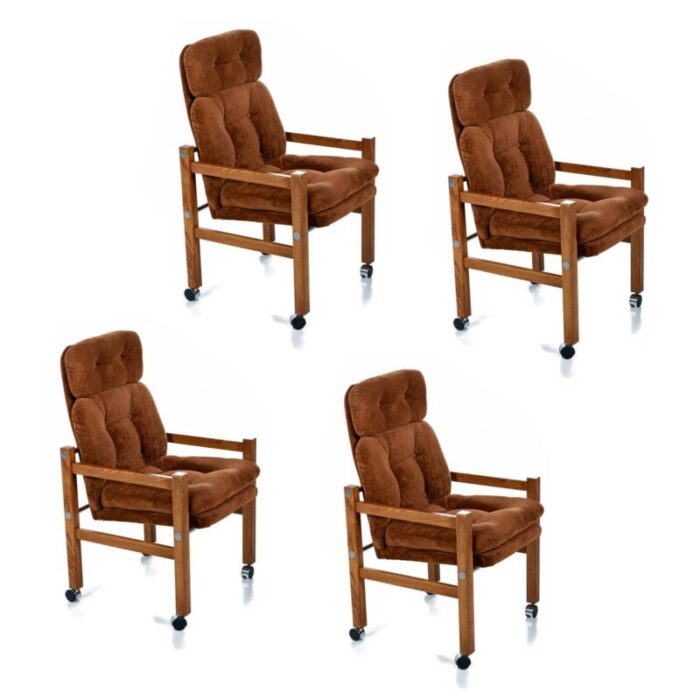 1970s postmodern brown high back dining chairs with arms on casters 3819