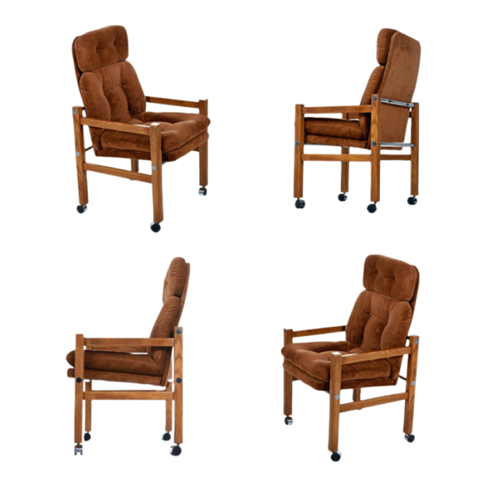 1970s postmodern brown high back dining chairs with arms on casters 5214