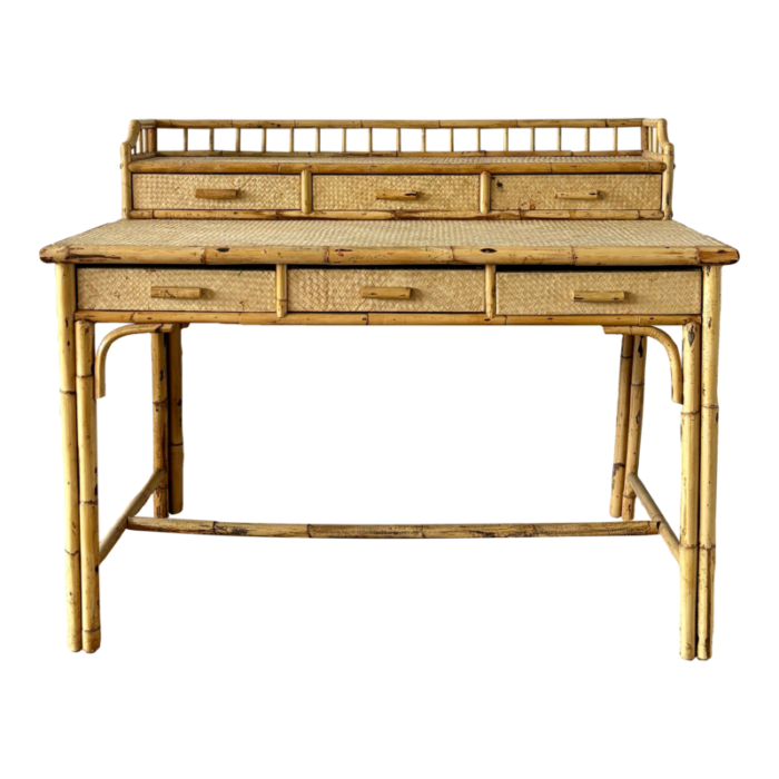 1970s vintage bamboo and grass cloth writing desk 2404