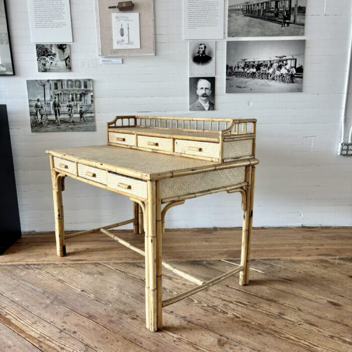 1970s vintage bamboo and grass cloth writing desk 6543