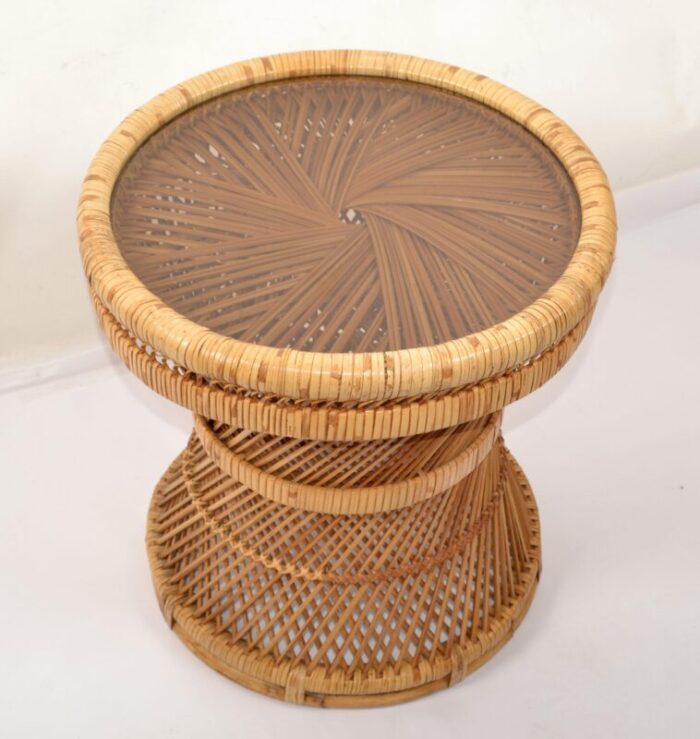 1970s vintage bohemian round handwoven rattan wicker drum side table 1180