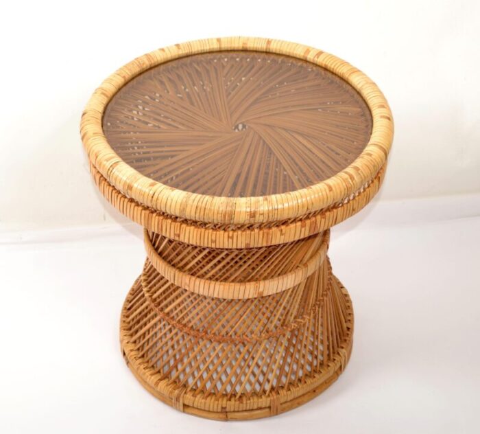 1970s vintage bohemian round handwoven rattan wicker drum side table 3461