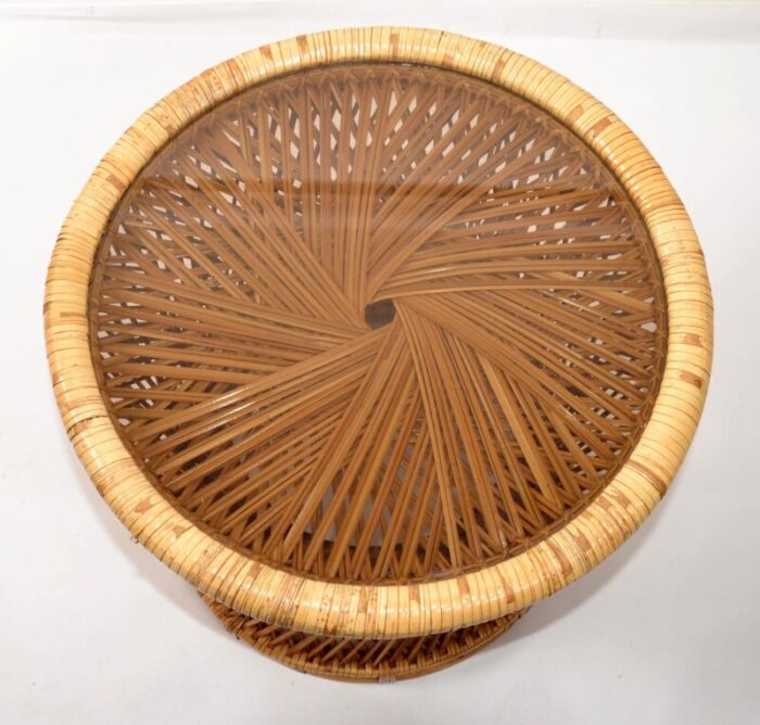 1970s vintage bohemian round handwoven rattan wicker drum side table 4803