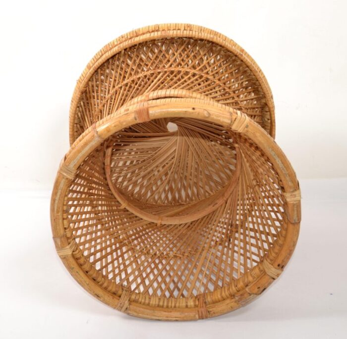 1970s vintage bohemian round handwoven rattan wicker drum side table 5032