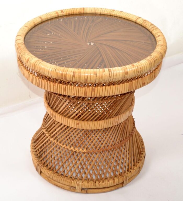 1970s vintage bohemian round handwoven rattan wicker drum side table 6778